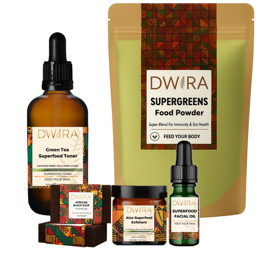 Collection of DWIRA skincare and health products including toner, facial oil, food powder, and exfoliant on a white background.